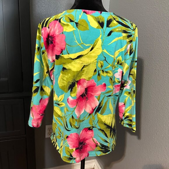 Caribbean Joe Top Womens XL Floral Tunic V-Neck 3/4 Sleeve Boho Beachcore - Picture 7 of 8